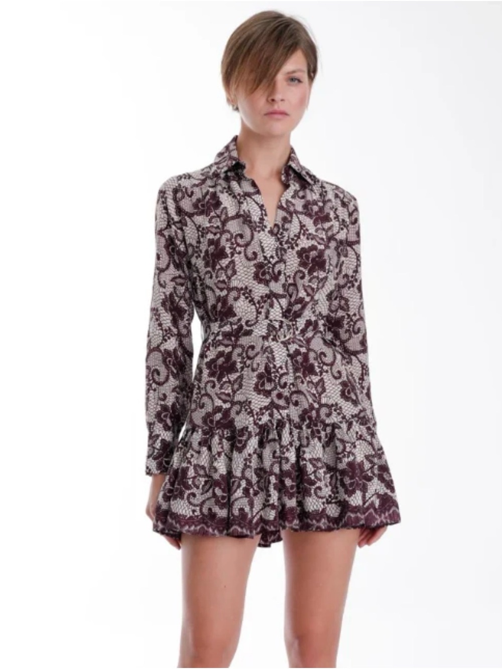 Merlot Pilar Lace Print Mini Dress by Karina Grimaldi